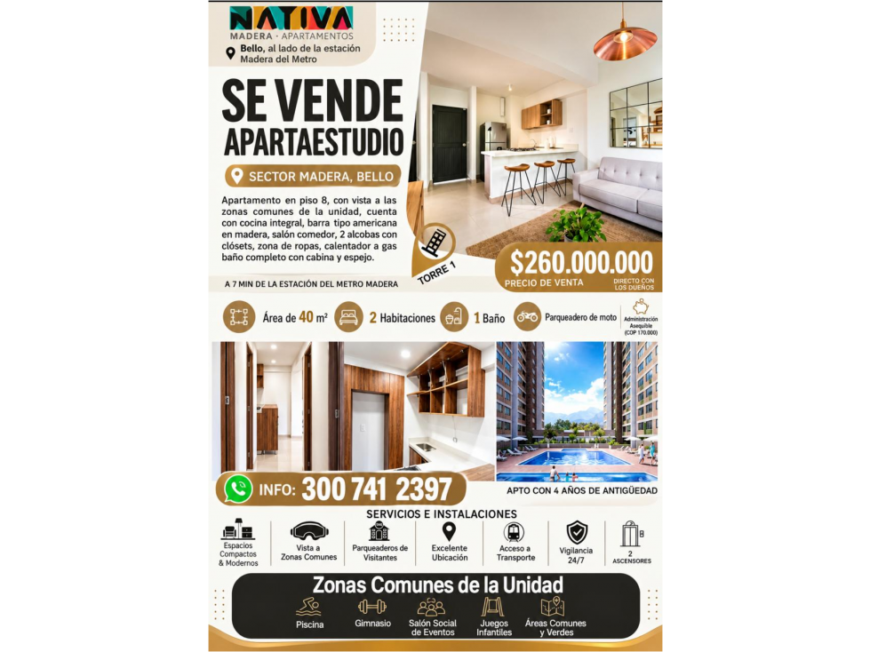 VENTA DE APARTAMENTO EN MADERA NATIVA CON PARQ DE MOTO