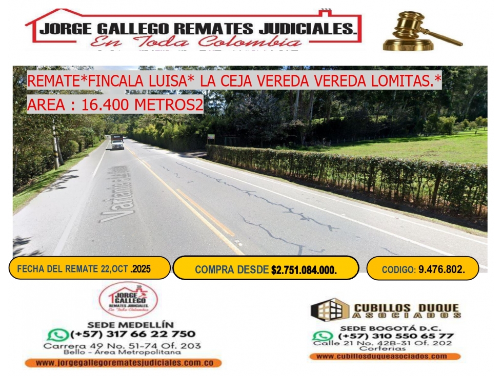 REMATE* FINCA LA LUISA* LA CEJA VEREDA LOMITAS,