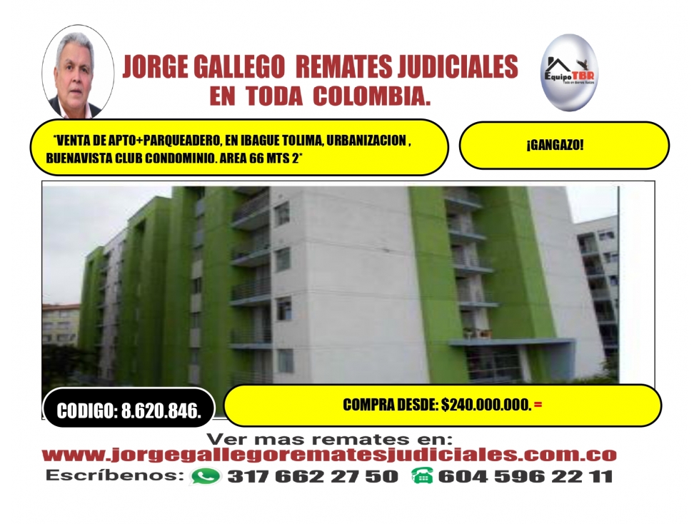 VENTA APTO+PARQ, IBAGUE ,URB.BUENAVISTA CLUB CONDOMINIO,66 MTS 2 - 1