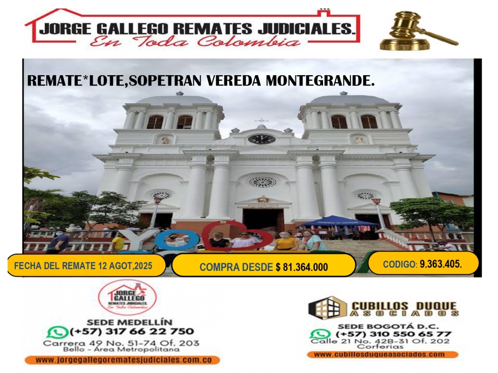 REMATE,LOTE, SOPETRAN VEREDA MONTEGRANDE.