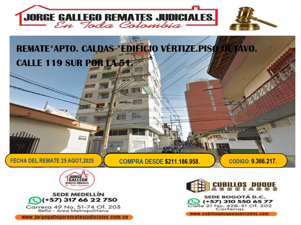 REMATE*APTO. CALDAS SECTOR PARQUE PRINCIPAL DE CALDAS.