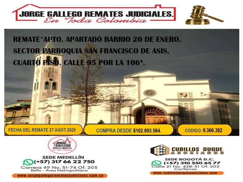 REMATE*APTO, APARTADÓ BARRIO 20 DE ENERO. - 1