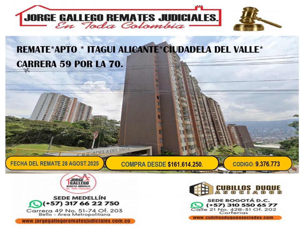 REMATE* APTO *ITAGUI BARRIO ALICANTE*CIUDADELA DEL VALLE.