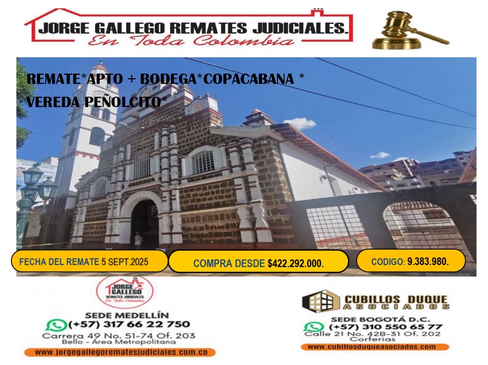 REMATE* APTO + BODEGA* COPACABANA VEREDA PEÑOLCITO*