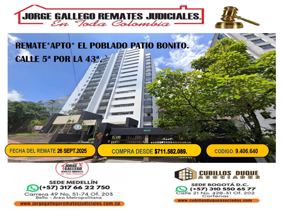 REMATE *APTO * POBLADO PATIO BONITO*