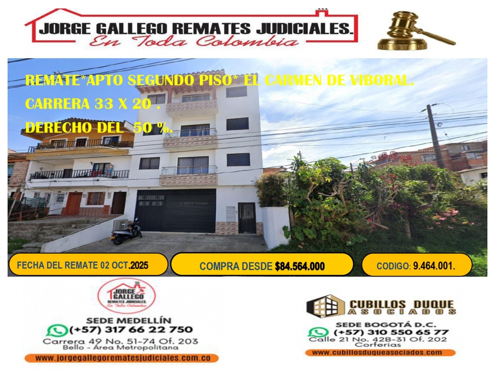 REMATE*APTO * EL CARMEN DE VIBORAL .DERECHO DEL 50 %