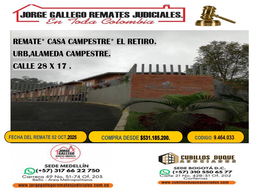 REMATE *CASA CAMPESTRE* EL RETIRO URB,ALAMEDA CAMPESTRE.