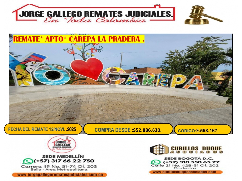 REMATE*APARTAESTUDIO* CAREPA BARRIO LA PRADERA.