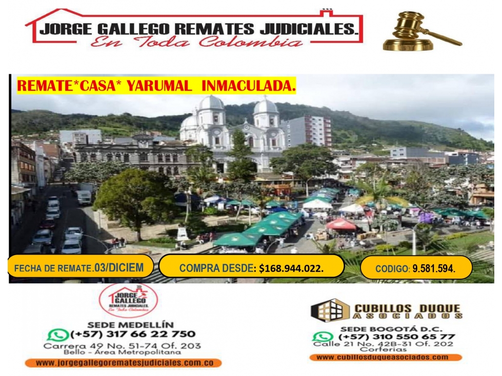 REMATE*CASA * YARUMAL BARRIO LA INMACULADA.