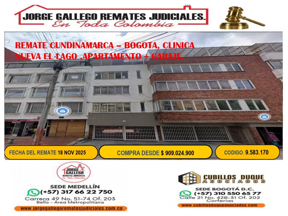 REMATE BOGOTA, CLINICA NUEVA EL LAGO ,APARTAMENTO + GARAJE.