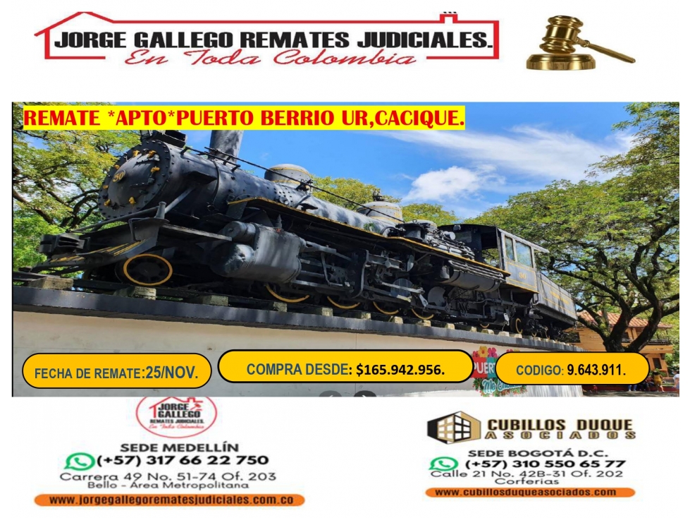 REMATE *APTO*PUERTO BERRIO UR,CACIQUE