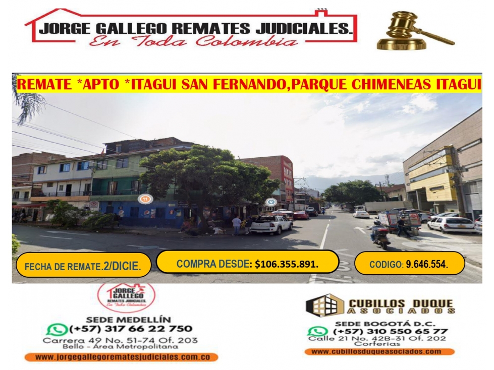 REMATE *APTO* ITAGUI SAN FERNANDO ,PARQUE CHIMENEAS ,ITAGUI.