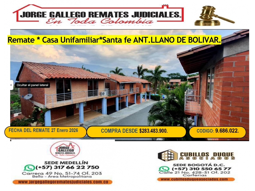 Remate Casa unifalimar, Santa Fe que Antioquia