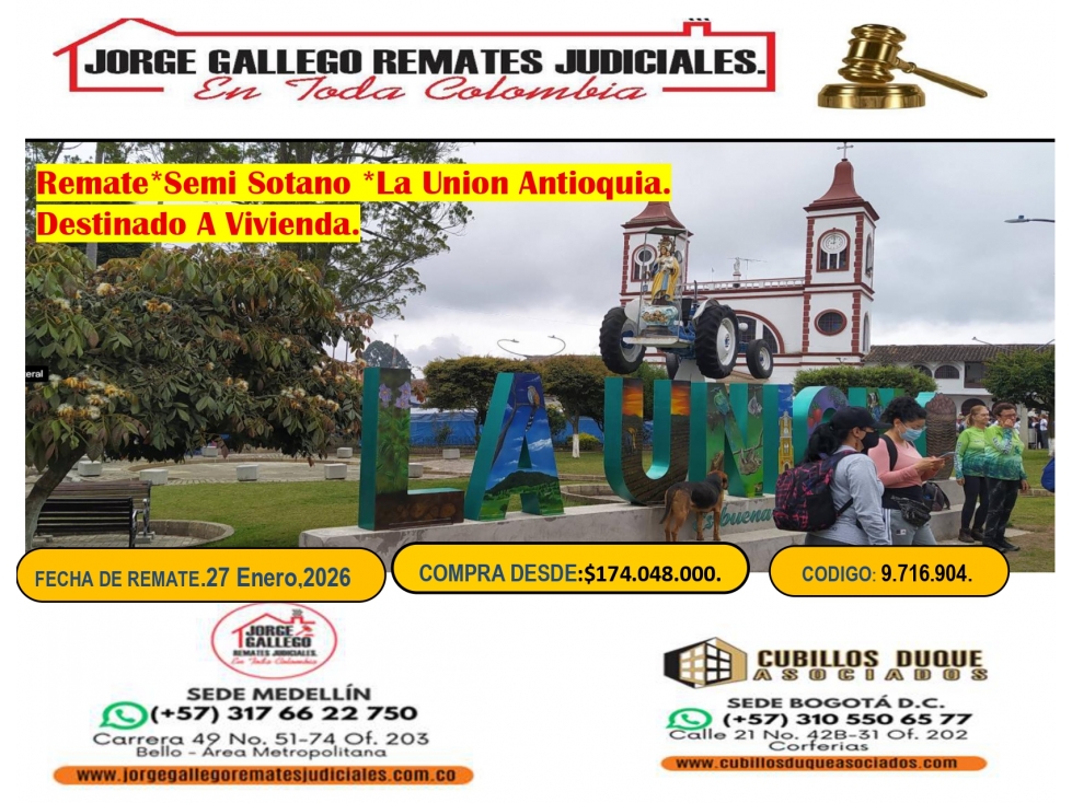 Remate * Semi Sotano* Municipio De La Union Antioquia.