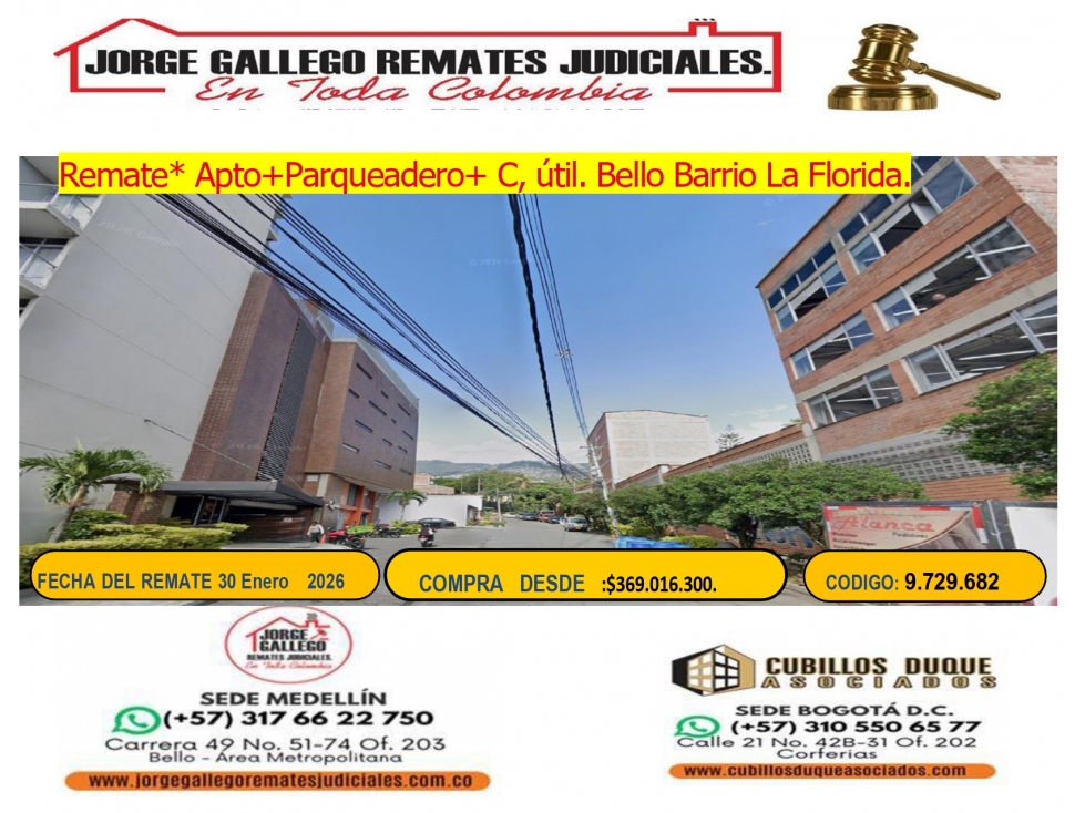 Remate*Apto +Parqueadero+ Util* Bello La Florida.