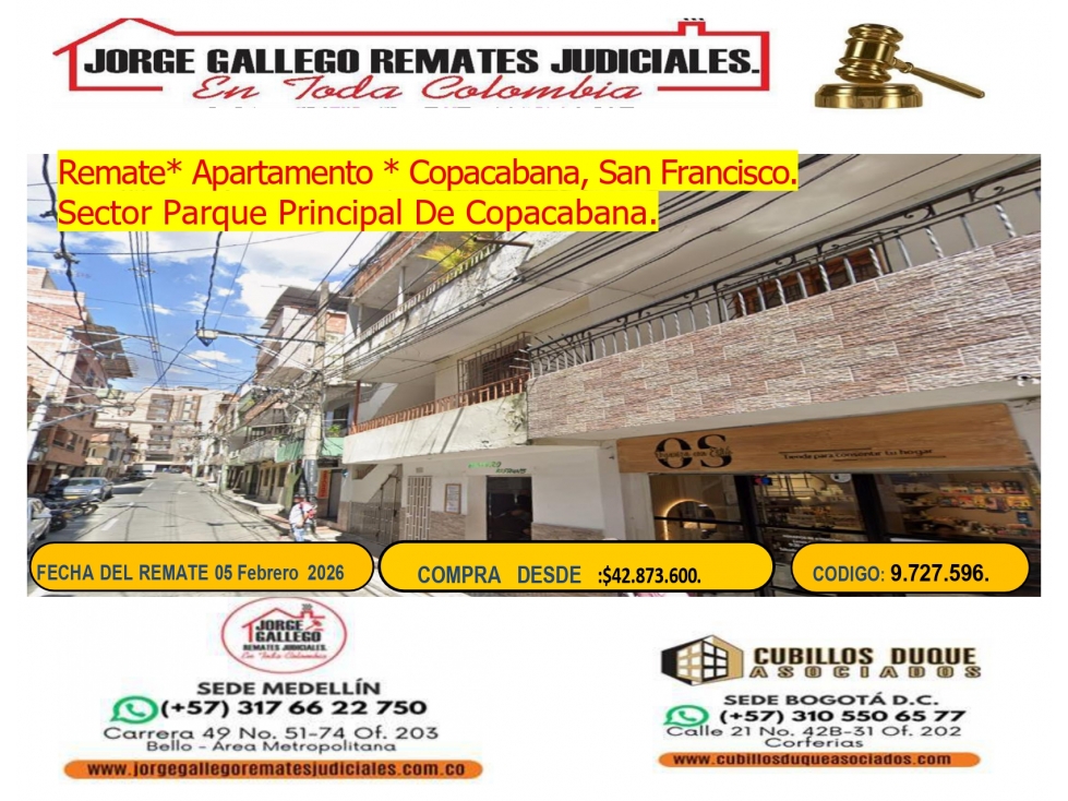 Remate*Apto* Copacabana Barrio San Francisco
