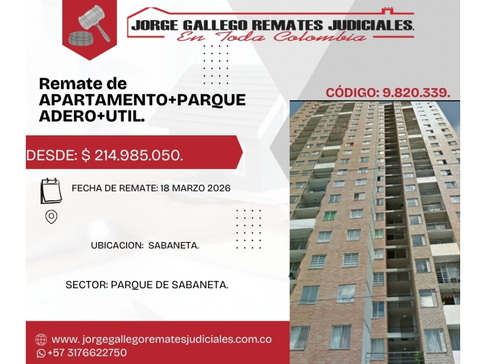 Remate*Apto+parqueadero+util* Sabaneta URB, EDEN DE LA SABANA.