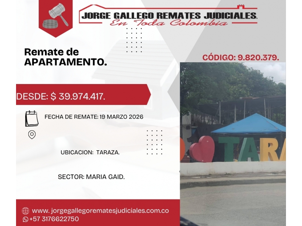 Remate*Apto* Taraza barrio maria gald.
