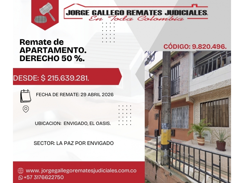 Remate*Apto* Envigado el Oasis derecho 50 %.