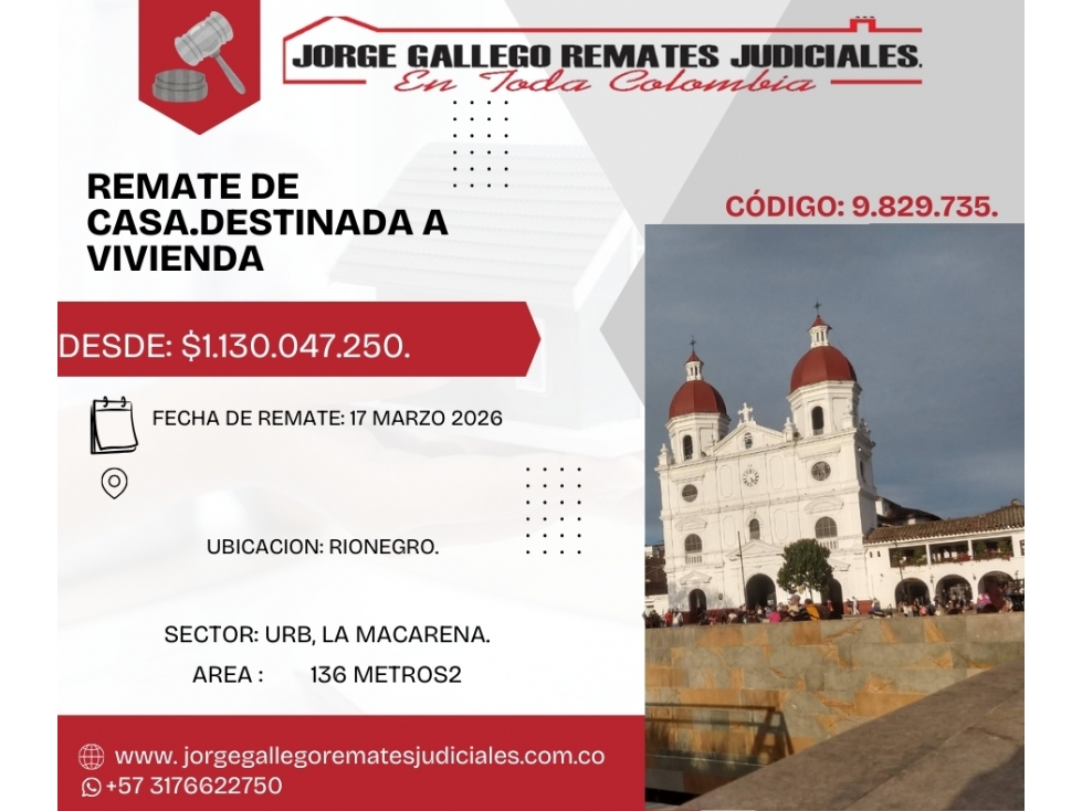 Remate* Casa destinada a vivienda* RIONEGRO.