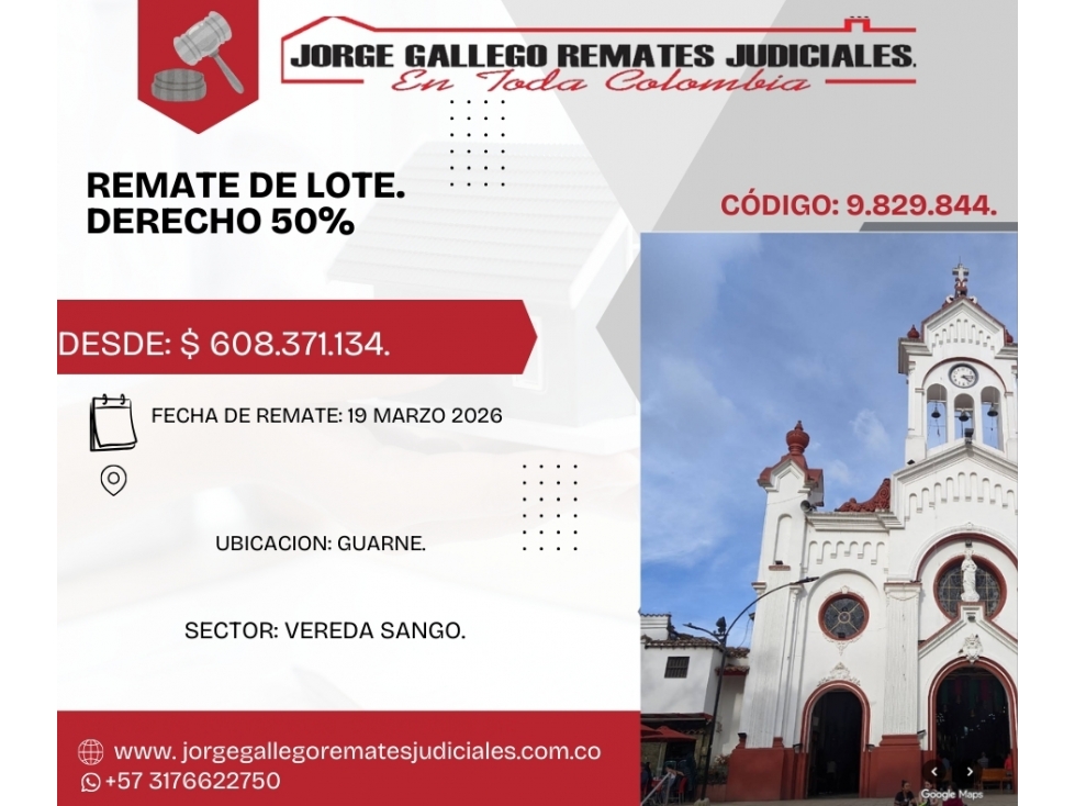 Remate* Lote * Guearne Vereda Sango.Derecho 50 %.