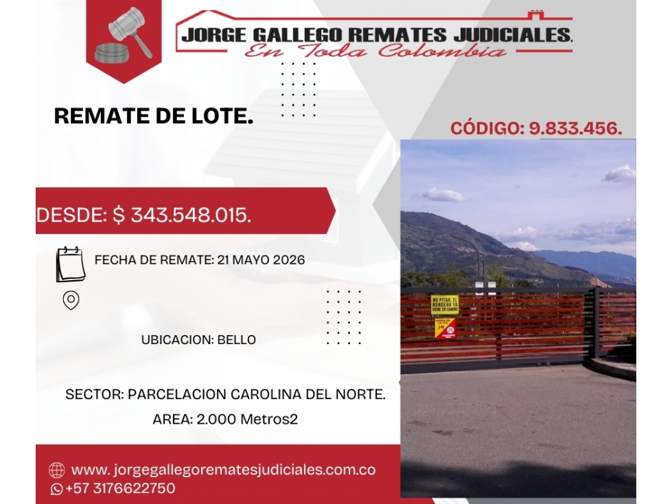 Remate *Lote * Bello parcelacion carolina del norte.
