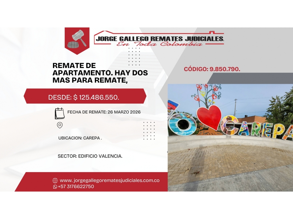 Remate*Apto* CAREPA EDIFICIO VALENCIA. HAY DOS REMATES MAS.