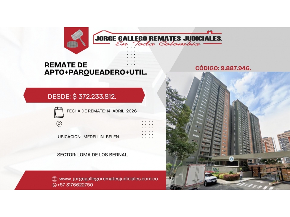 REMATE*APTO+PARQUEADERO+ UTIL * MEDELLIN BELEN .