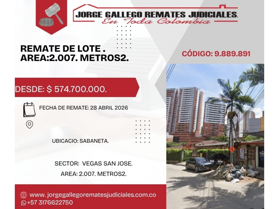 REMATE* LOTE * SABANETA VEGAS DE SAN JOSÉ.AREA :2.007 M2.