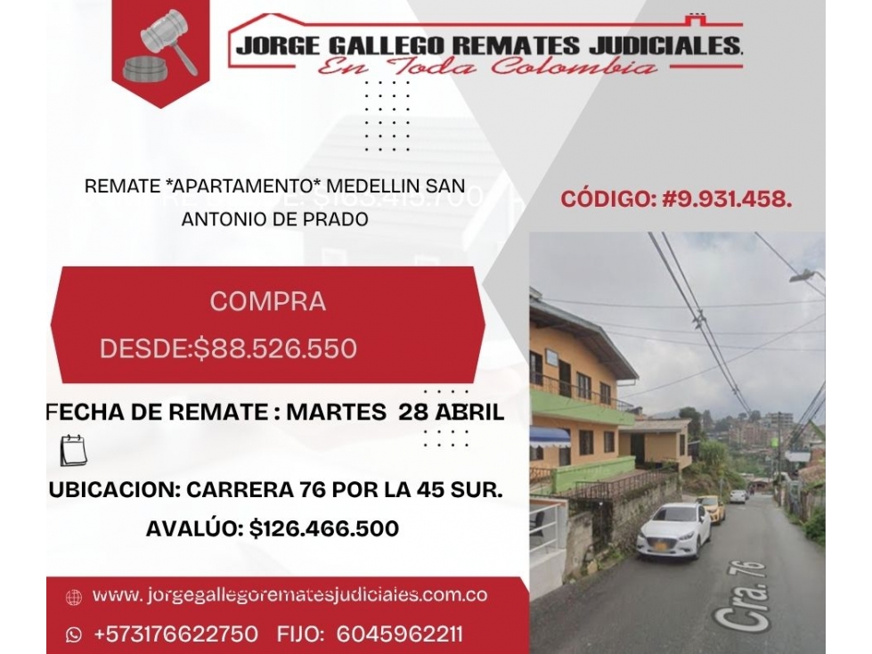 REMATE *APARTAMENTO* MEDELLIN SAN ANTONIO DE PRADO