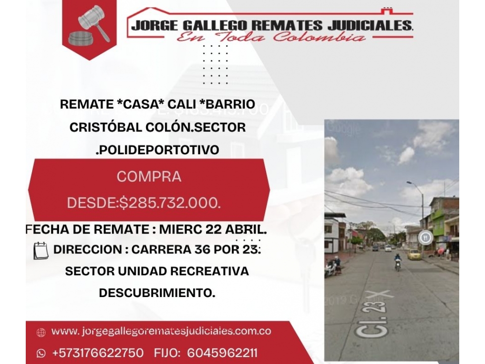 REMATE *CASA* CALI *BARRIO CRISTÓBAL COLÓN.SECTOR .POLIDEPORTOTIVO