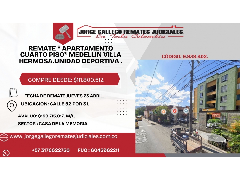 REMATE * APARTAMENTO * MEDELLIN VILLA HERMOSA.UNIDAD DEPORTIVA .
