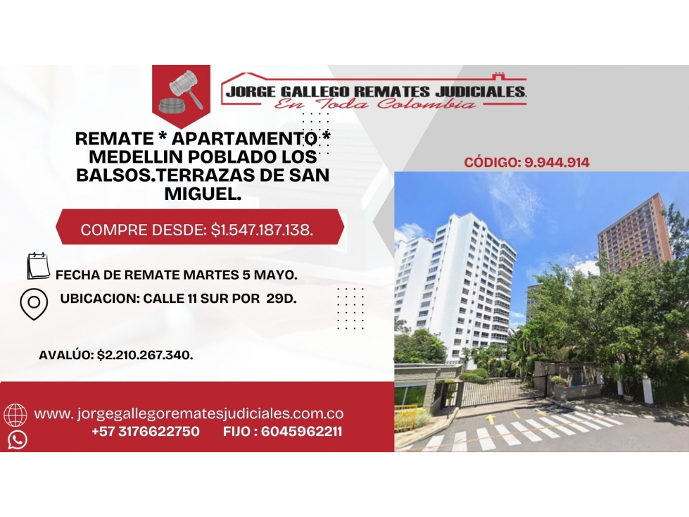 REMATE * APARTAMENTO * MEDELLIN POBLADO LOS BALSOS.