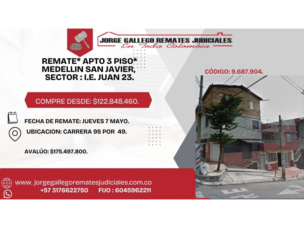 REMATE* APTO 3 PISO* MEDELLIN SAN JAVIER, SECTOR : I.E- JUAN 23.