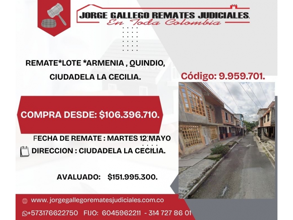 REMATE*LOTE *ARMENIA , QUINDIO, CIUDADELA LA CECILIA.