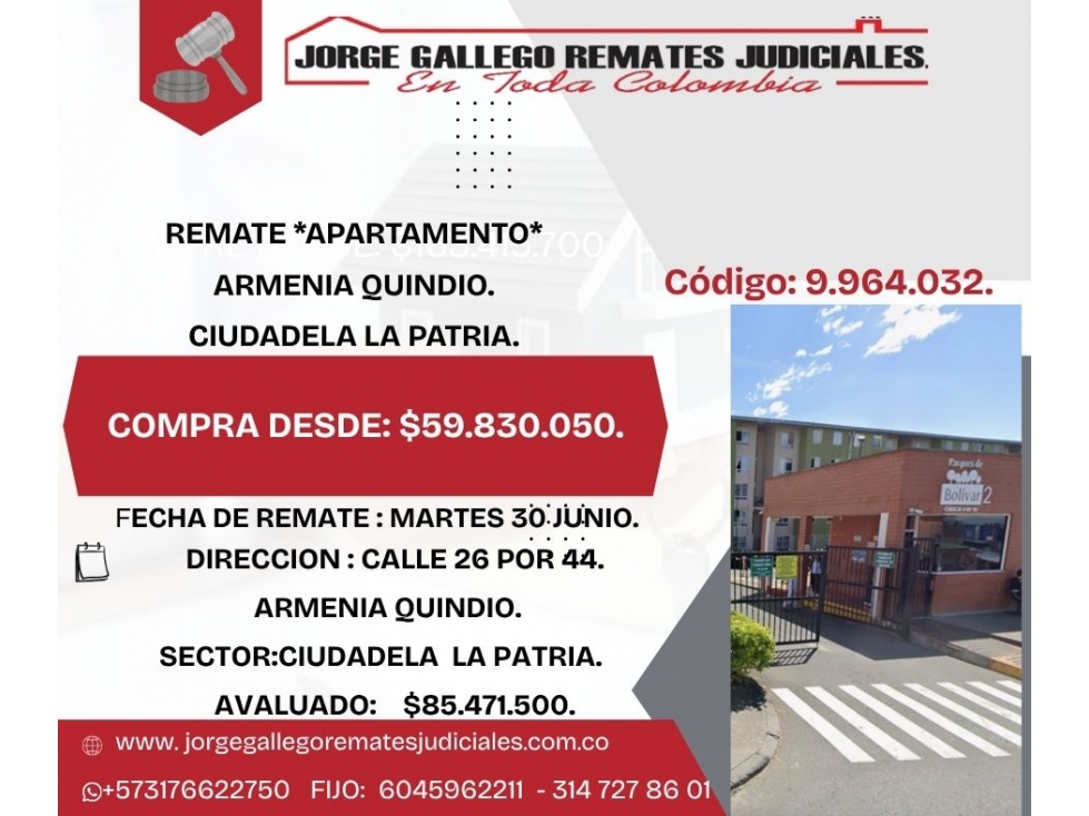REMATE *APARTAMENTO*ARMENIA QUINDIO.CIUDADELA LA PATRIA.