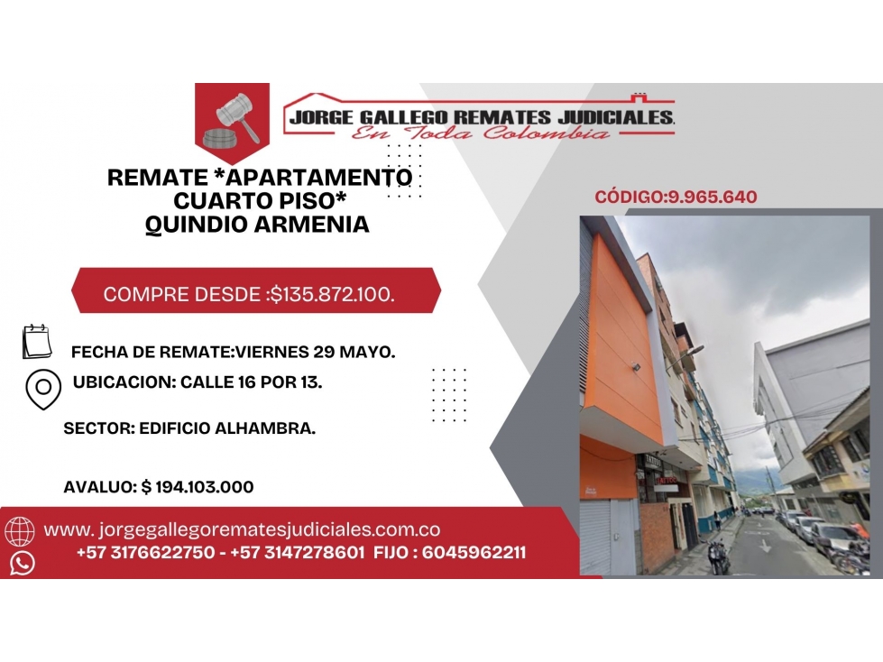 REMATE *APARTAMENTO CUARTO PISO*QUINDIO ARMENIA