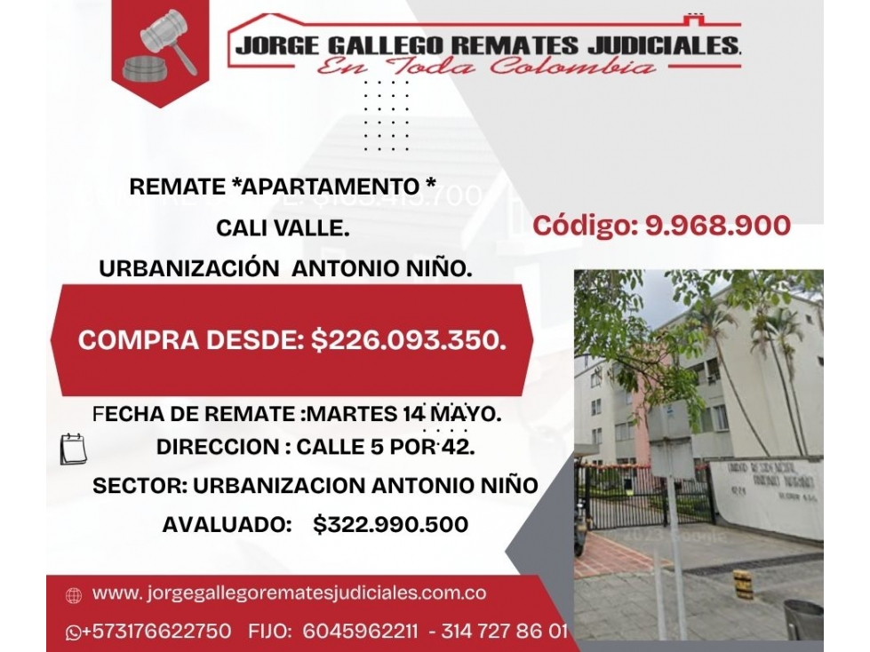 REMATE *APARTAMENTO *CALI VALLE. URBANIZACIÓN ANTONIO NIÑO.