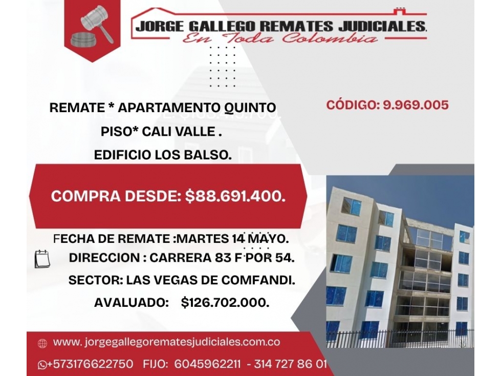 REMATE * APARTAMENTO QUINTO PISO* CALI VALLE . EDIFICIO LOS BALSO.