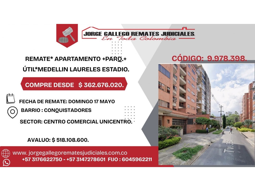 REMATE* APARTAMENTO +PARQ.+ ÚTIL*MEDELLIN LAURELES ESTADIO.