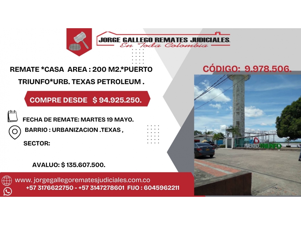 REMATE *CASA AREA : 200 M2.*PUERTO TRIUNFÓ*URB. TEXAS PETROLEUM