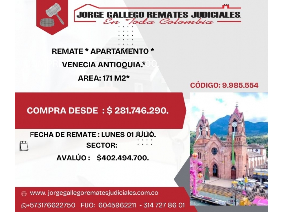REMATE * APARTAMENTO * VENECIA ANTIOQUIA.*AREA: 171 M2*
