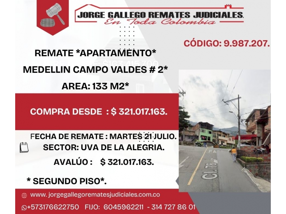 REMATE *APARTAMENTO* MEDELLIN CAMPO VALDES # 2* AREA: 133 M2*
