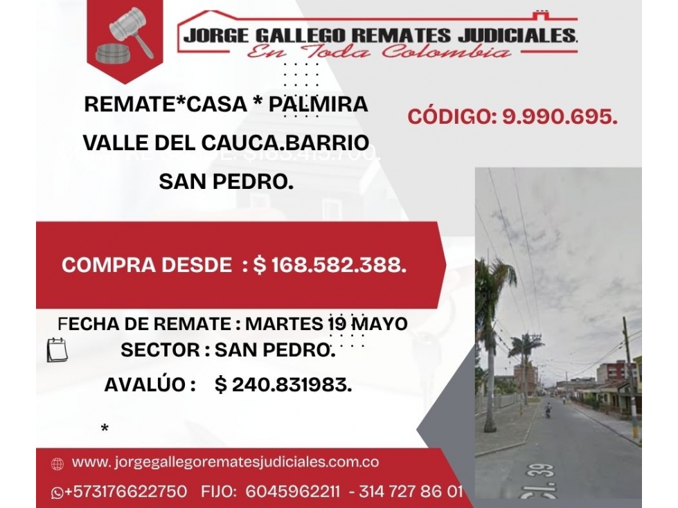 REMATE*CASA * PALMIRA VALLE DEL CAUCA.BARRIO SAN PEDRO.