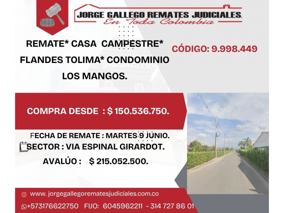 REMATE* CASA CAMPESTRE* FLANDES TOLIMA* CONDOMINIO LOS MANGOS.
