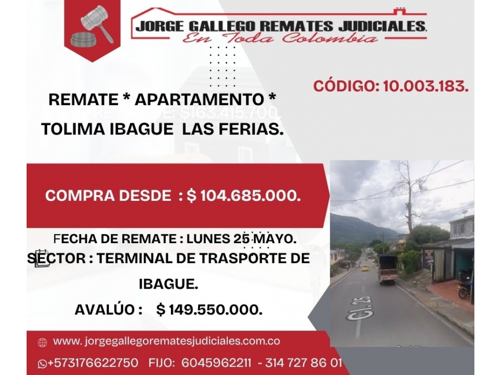 REMATE * APARTAMENTO * TOLIMA IBAGUE LAS FERIAS.