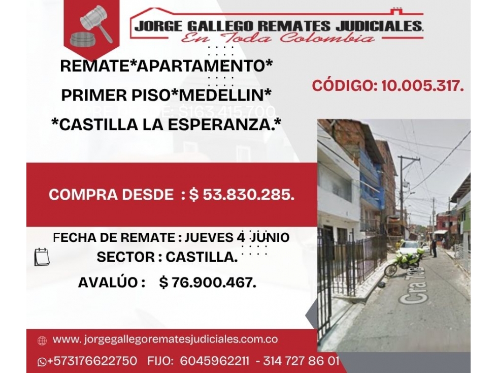 REMATE*APARTAMENTO* PRIMER PISO*MEDELLIN CASTILLA LA ESPERANZA.*