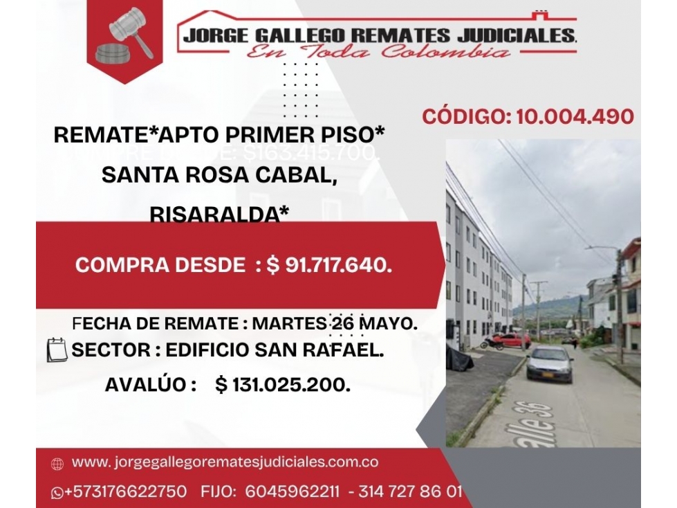 REMATE*APTO PRIMER PISO* SANTA ROSA CABAL, RISARALDA*
