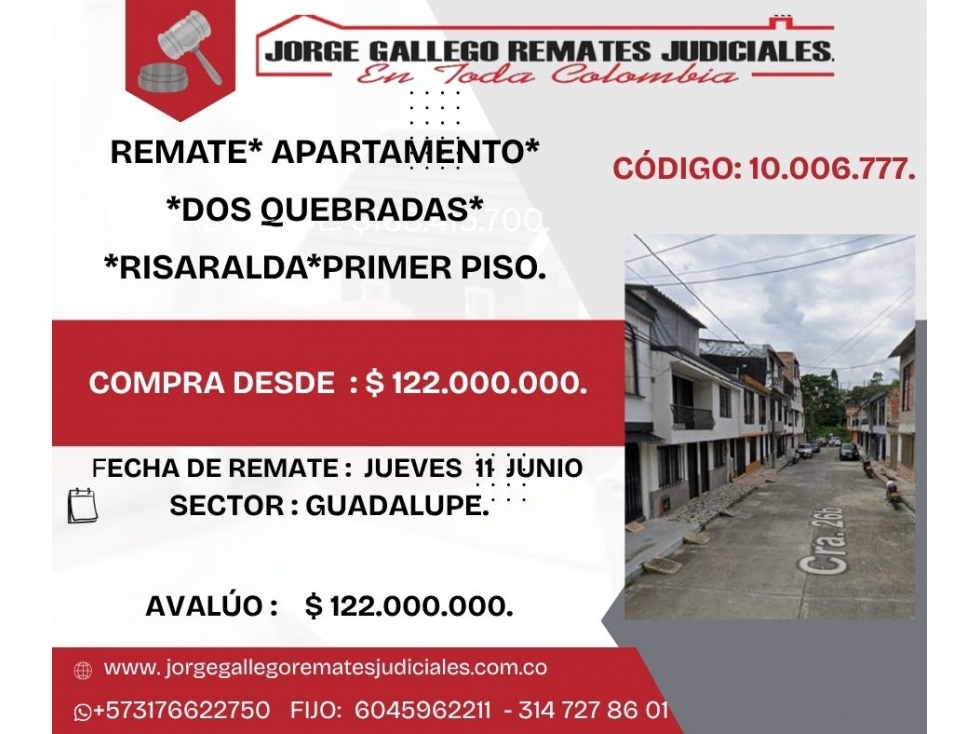 REMATE* APARTAMENTO*DOS QUEBRADAS* RISARALDA*PRIMER PISO.