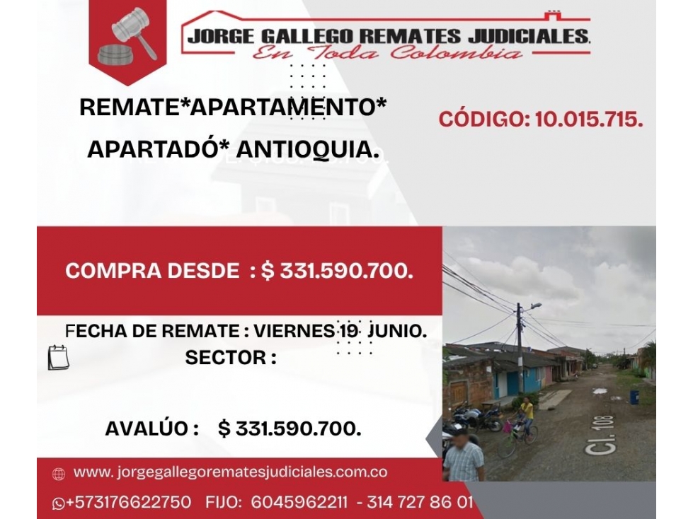 REMATE*APARTAMENTO*APARTADÓ* ANTIOQUIA.